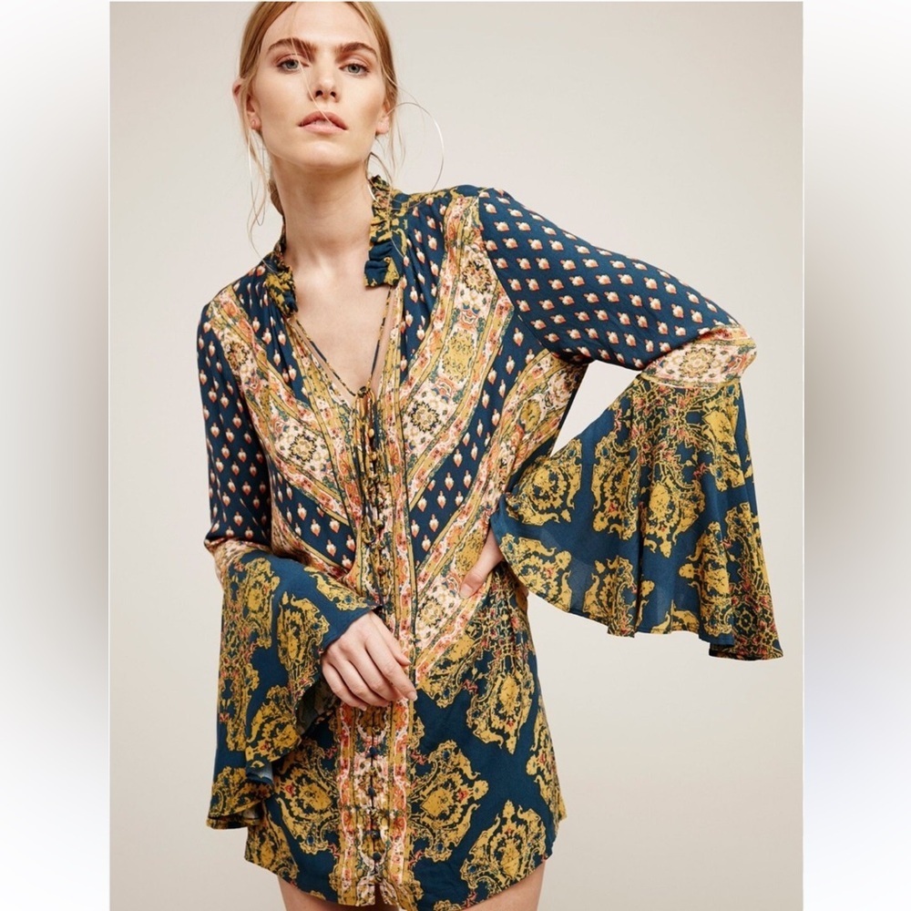 Free People Bell Sleeves Tunic with Mandarin Collar Magic Mystery Printed M